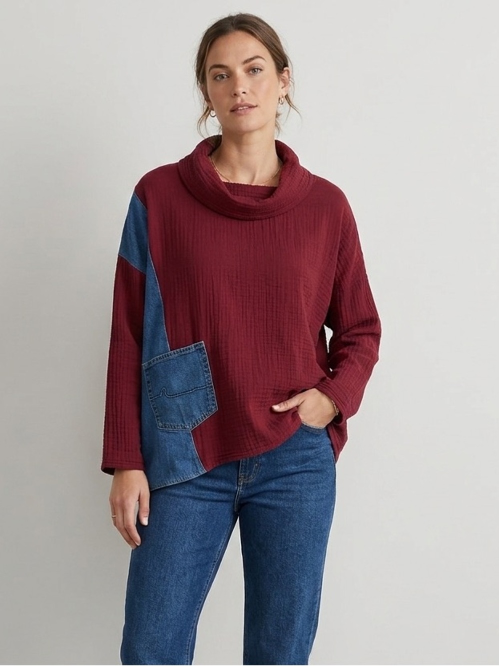 Shannon Passero Cowl Neck Gauzey Cotton Denim Long-Sleeve Shirt Top Size Medium